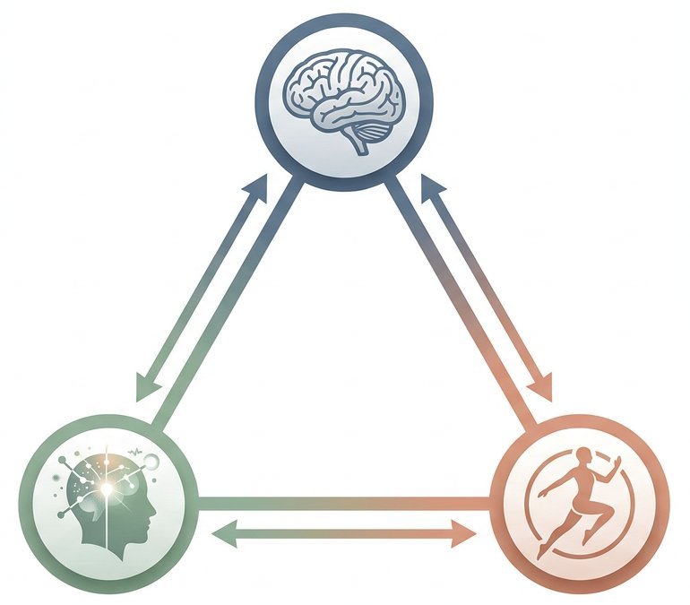 Diagram showing the brain, mind and body connected by two-way arrows
